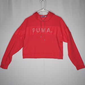 Puma Cropped Sweatshirt Women Medium Hooded Red Stretch White Mesh Spellout